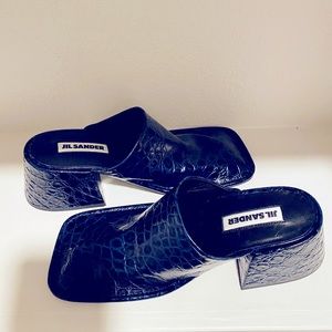Jil Sander Croc Embossed Square-Toe Block Heeled Mules,